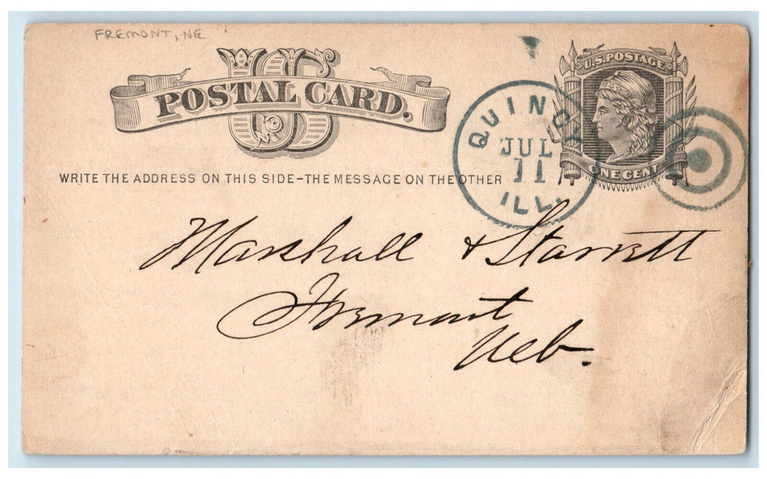 1879 Make Anything Letter Fremont Nebraska NE Quincy Illinois IL Postal Card