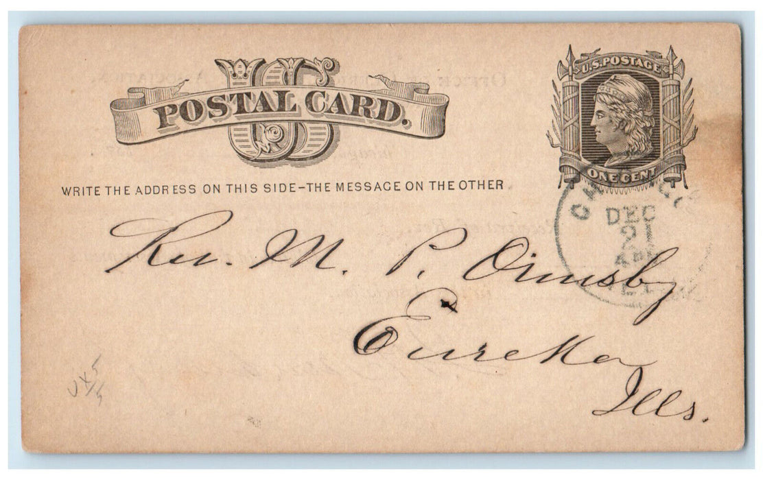 1876 Office of Clerical Mutual Association Chicago IL Eureka IL Postal Card