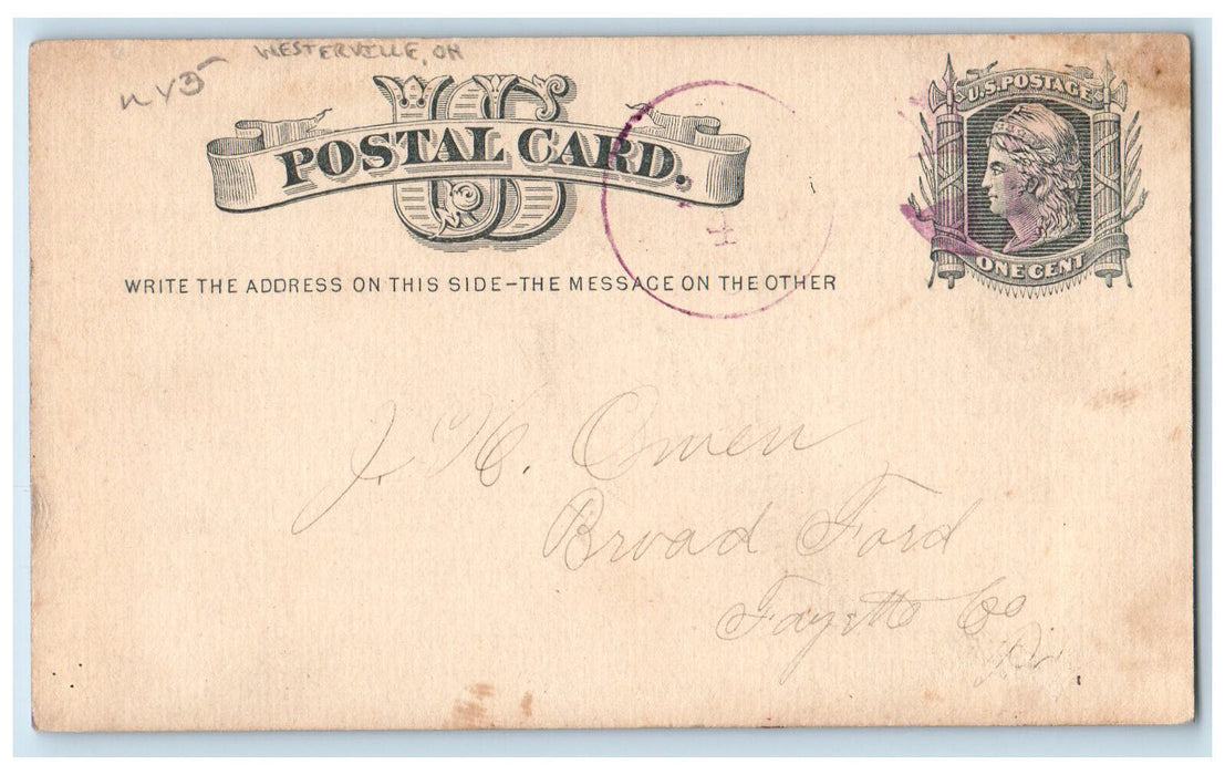 1878 Ride on Side of Truck Fayette PA Westerville OH Purple Cancel Postal Card