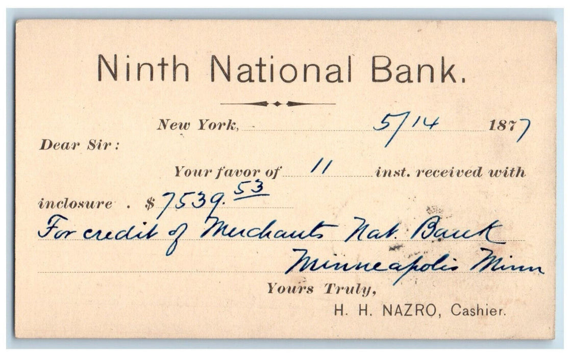 1887 Ninth National Bank HH Nazro Cashier New York NY Antique Posted Postal Card