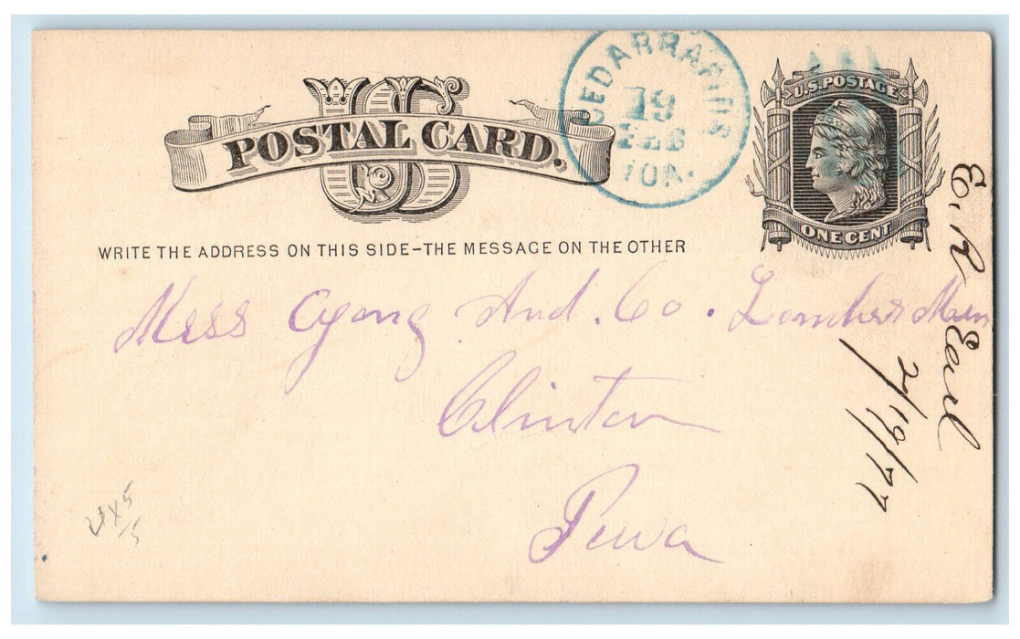 1877 Send Price List for Lumber Cedar Rapids Iowa IA Clinton IA Postal Card