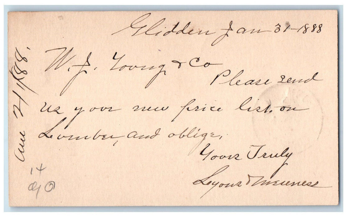1888 WJ Young & Co. Lumber Glidden Iowa IA Clinton IA Posted Postal Card