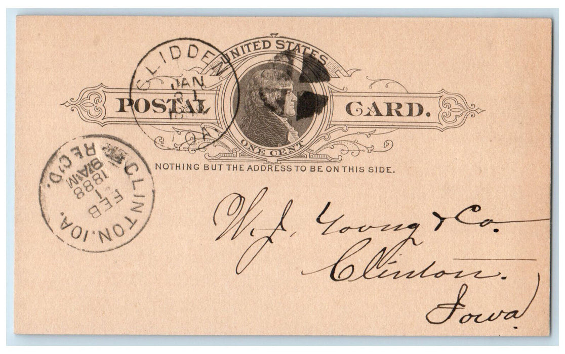 1888 WJ Young & Co. Lumber Glidden Iowa IA Clinton IA Posted Postal Card