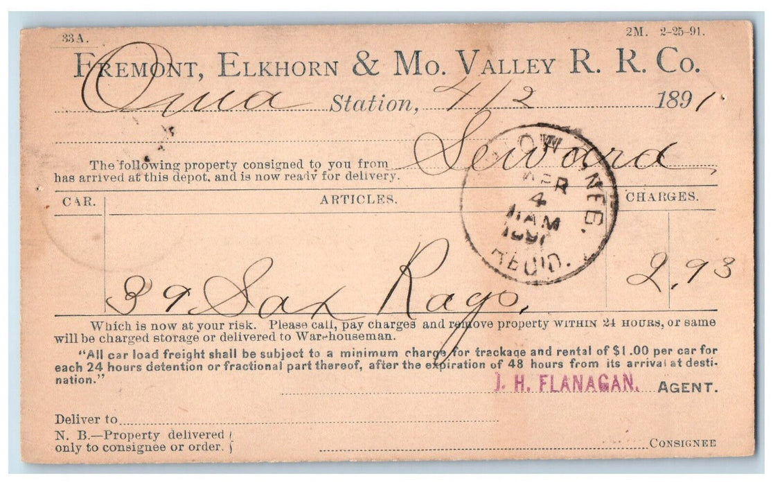 1891 Fremont Elkhorn & Mo. Valley R.R. Co. Omaha NE Posted Antique Postal Card