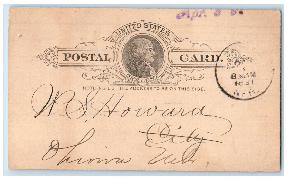 1891 Fremont Elkhorn & Mo. Valley R.R. Co. Omaha NE Posted Antique Postal Card