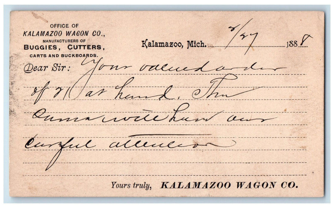 1888 Office of Kalamazoo Wagon Co. Kalamazoo Michigan MI Posted Postal Card
