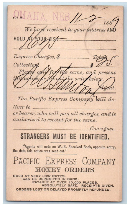 1889 Pacific Express Company Money Orders Omaha Nebraska NE Posted Postal Card