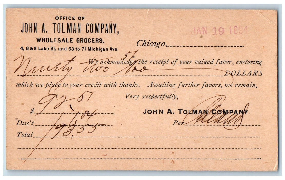 1894 John A. Tolman Company Wholesale Grocers Chicago IL Newark IL Postal Card