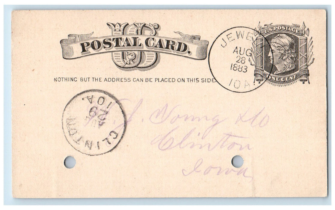 1883 WJ Young and Co. Clinton IA Jewell Iowa IA Antique Posted Postal Card