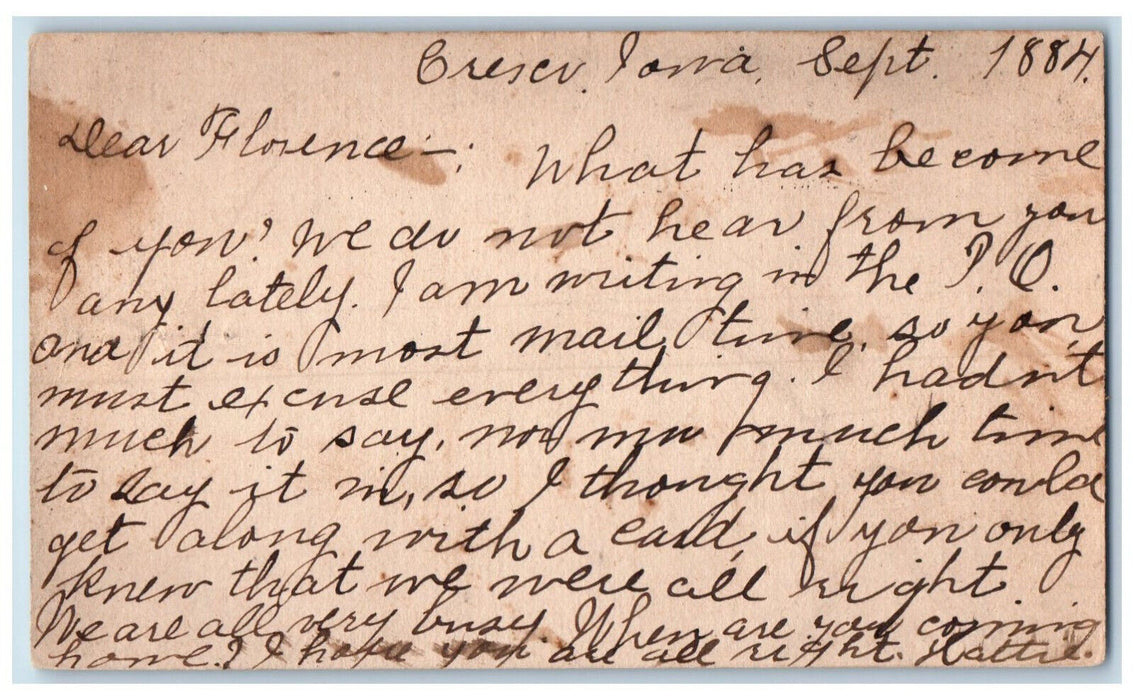 1885 Florence O Horne Earlville IL Cresco Iowa IA Antique Posted Postal Card