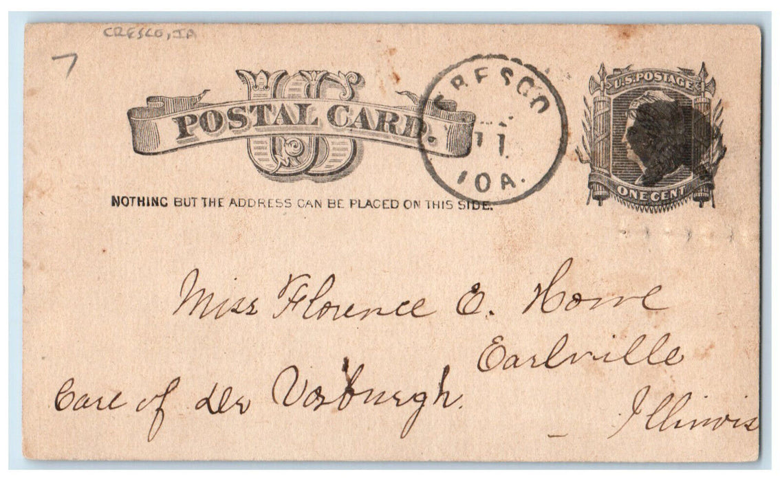 1885 Florence O Horne Earlville IL Cresco Iowa IA Antique Posted Postal Card