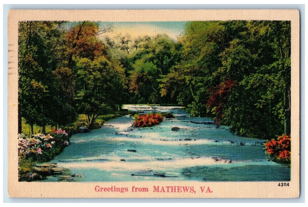 1940 Greetings From Mathews Virginia VA, River View Posted Antique Postcard