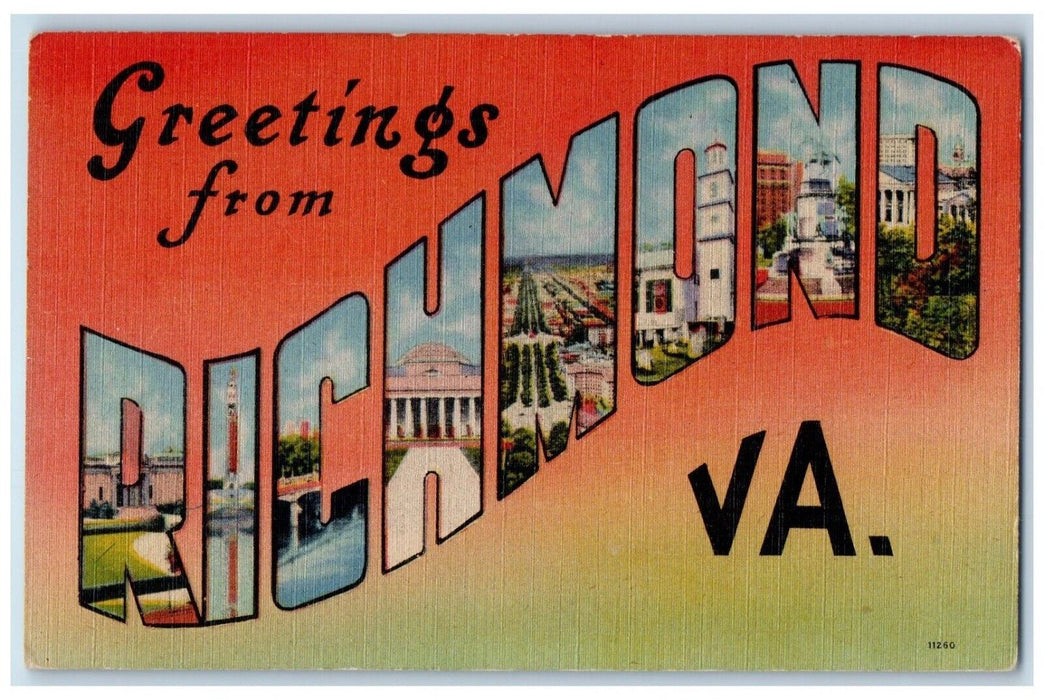 c1930's Greetings From Richmond Virginia VA, Large Letter Vintage Postcard