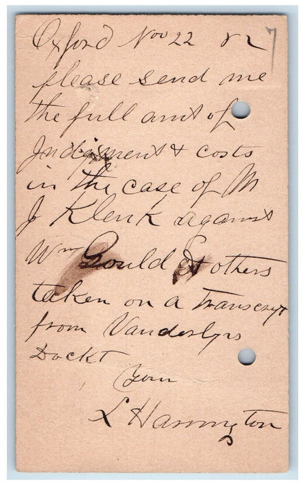 1887 Bradley Clerk Oxford Iowa IA Iowa City IA Antique Posted Postal Card