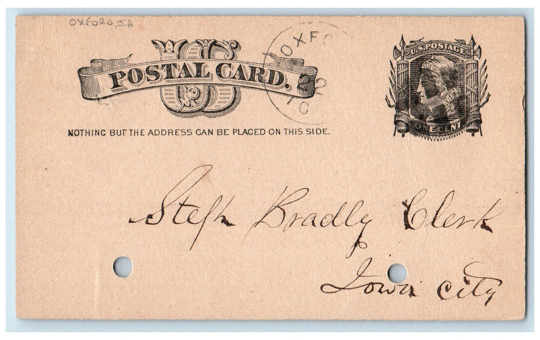 1887 Bradley Clerk Oxford Iowa IA Iowa City IA Antique Posted Postal Card