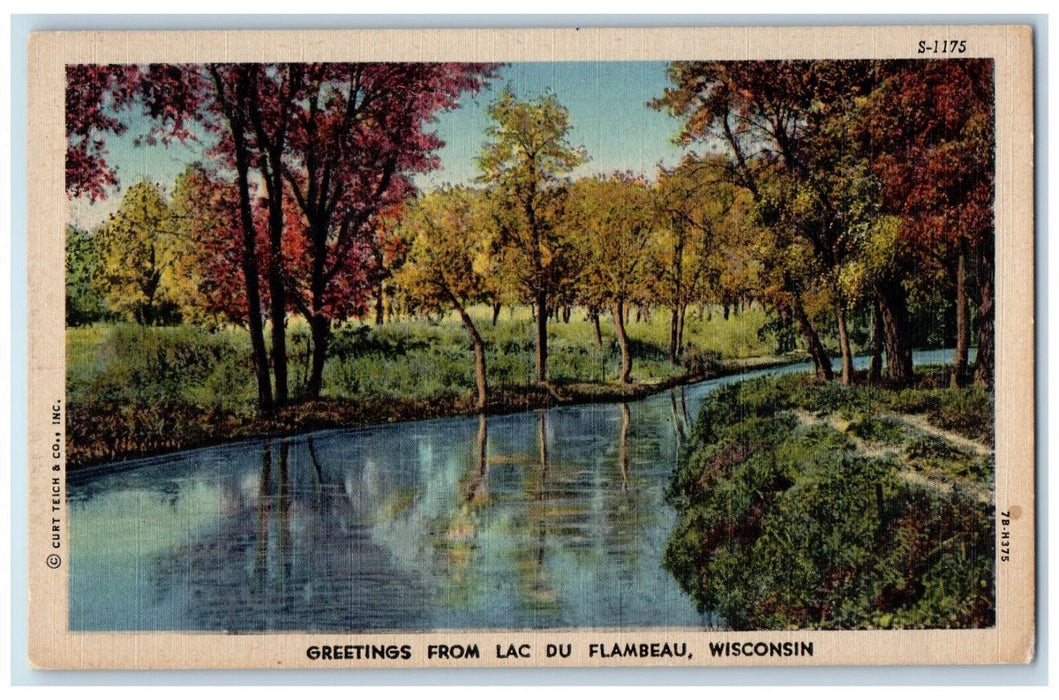 c1940 Greetings From Lac Du Flambeau Wisconsin WI River Trees Vintage Postcard