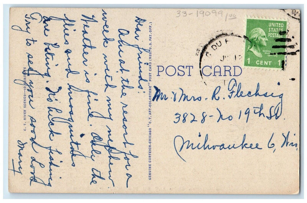 c1940 Greetings From Lac Du Flambeau Wisconsin WI River Trees Vintage Postcard