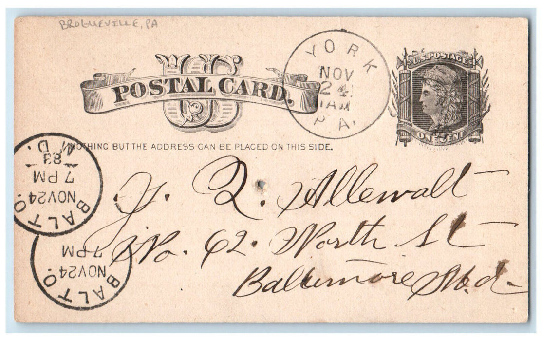 1883 J Allewalt York PA Brogueville Pennsylvania PA Antique Posted Postal Card