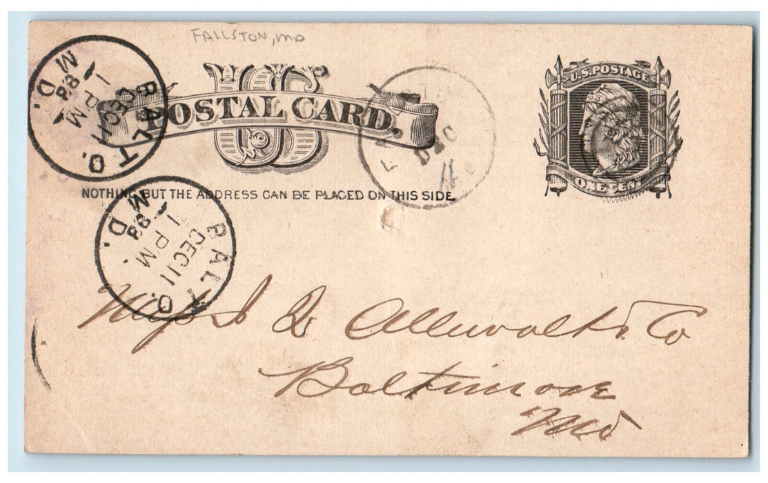 1883 J Allewalt & Co. Fallston Maryland MD Baltimore MD Antique Postal Card