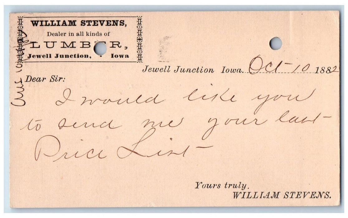 1882 William Stevens Lumber Jewell Junction Iowa IA Clinton IA Postal Card