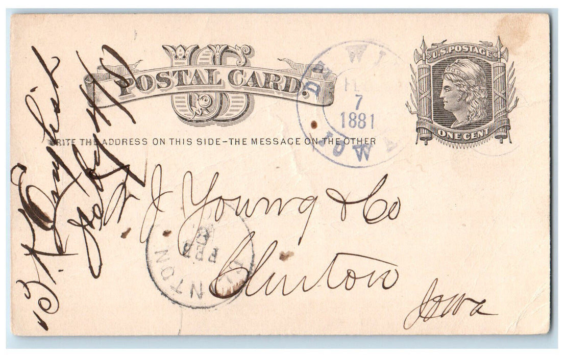 1881 Furnish Bill Message Dewitt Iowa IA Clinton IA Antique Posted Postal Card