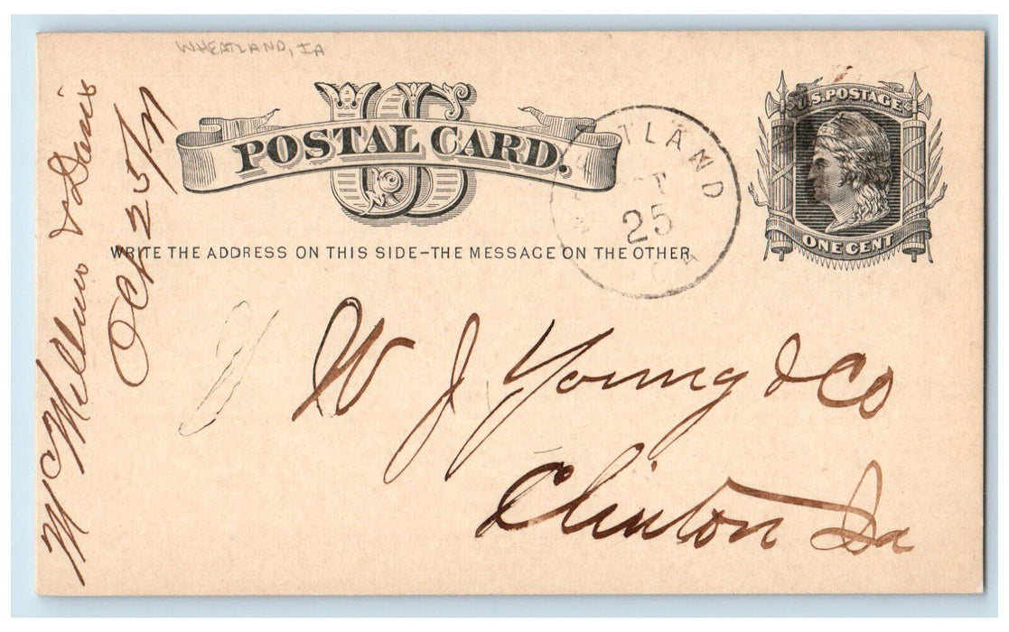 1877 WJ Young & Co. Wheatland IA Clinton IA Antique Posted Postal Card