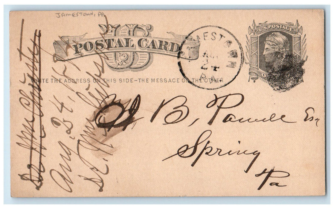 1878 Letter of Yesterday Jamestown Pennsylvania PA Spring PA Postal Card