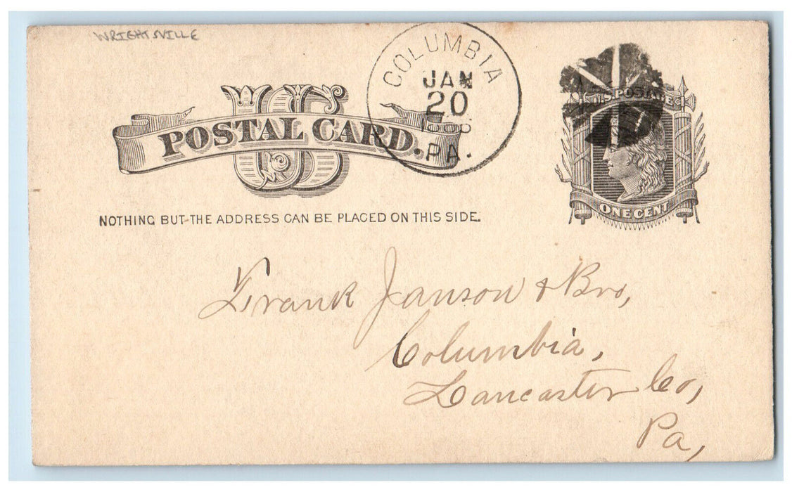 1885 Frank Janson & Bro MP Decker Wrightsville PA Lancaster PA Postal Card