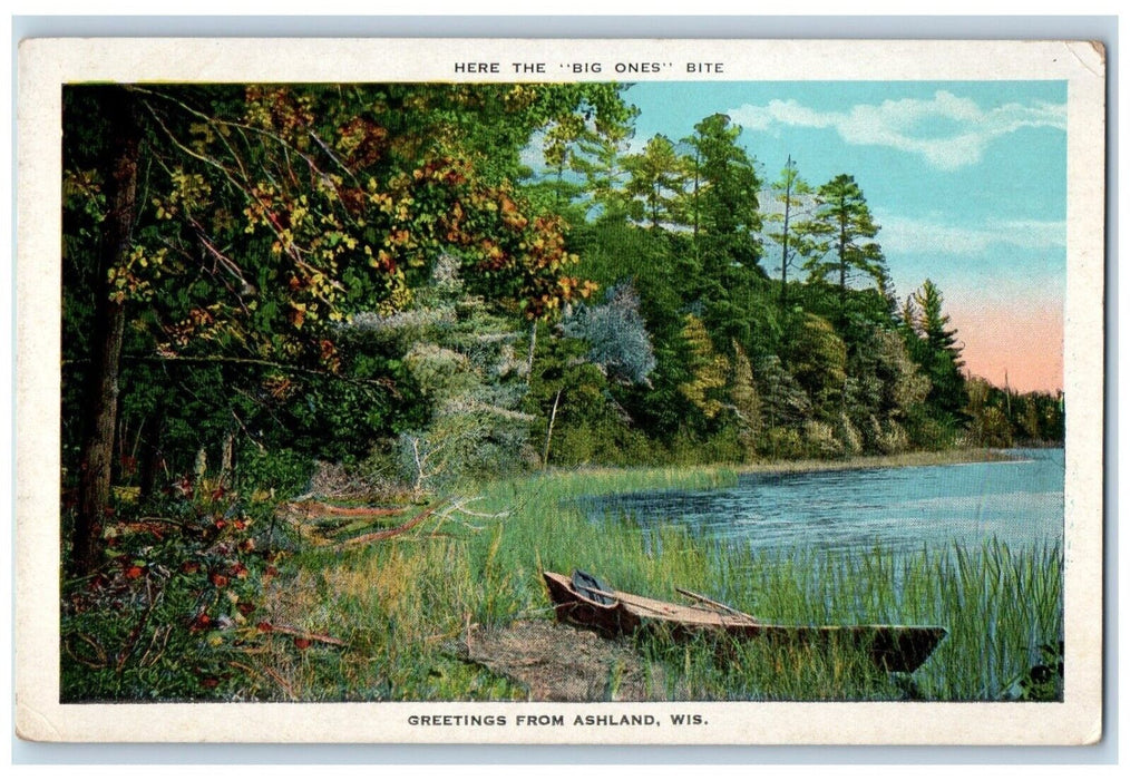 c1920 Big One Bites Greetings From Ashland Wisconsin Lake Boat Vintage Postcard