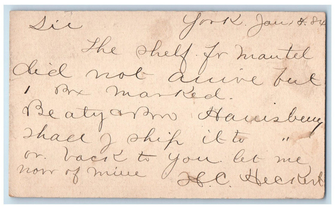 1884 Shelf Mantel Letter York Pennsylvania PA Columbia PA Postal Card