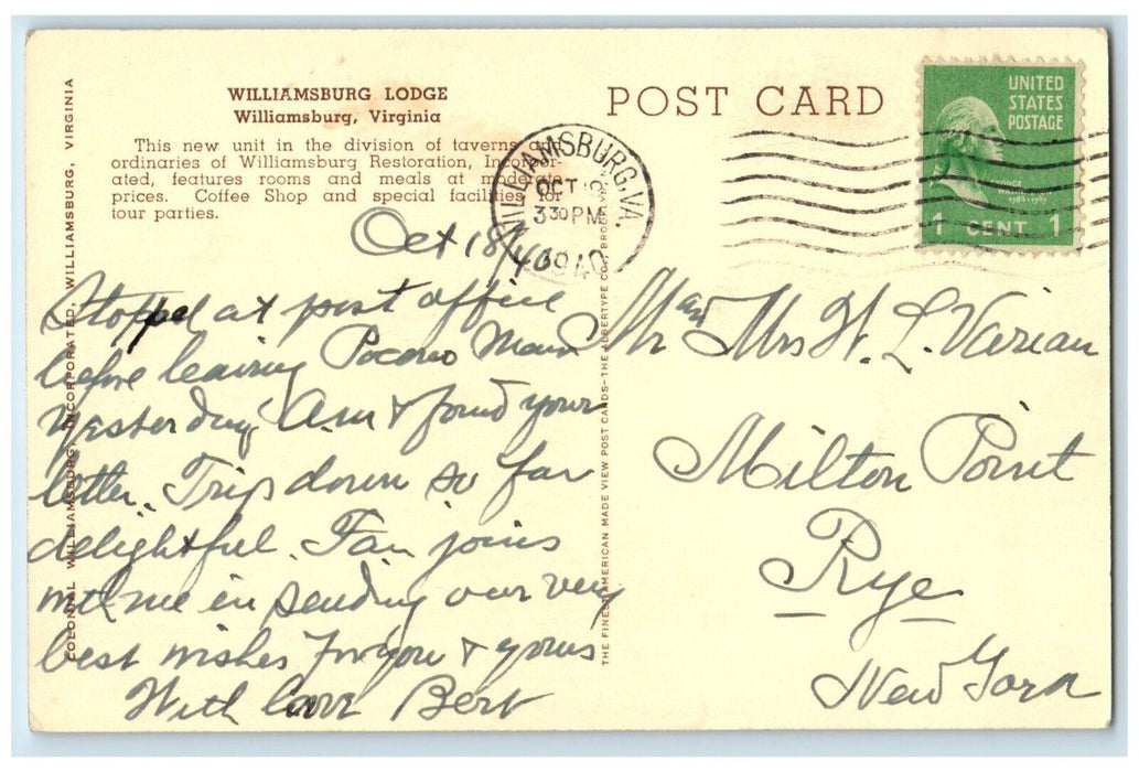 1940 Williamsburg Lodge Motel Scene Street Williamsburg Virginia VA Postcard