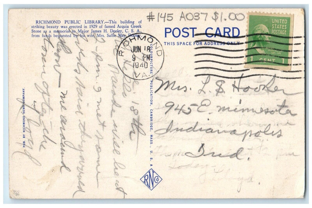 1940 Richmond Public Library 1st And East Franklin St. Richmond VA Postcard