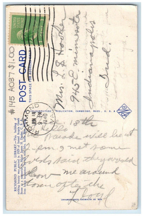 1940 Richmond Public Library 1st And East Franklin St. Richmond VA Postcard