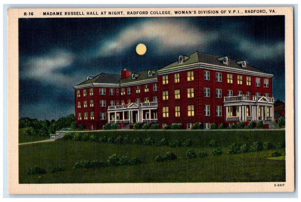 Radford VA, Madame Russell Hall At Night Radford College Woman Division Postcard