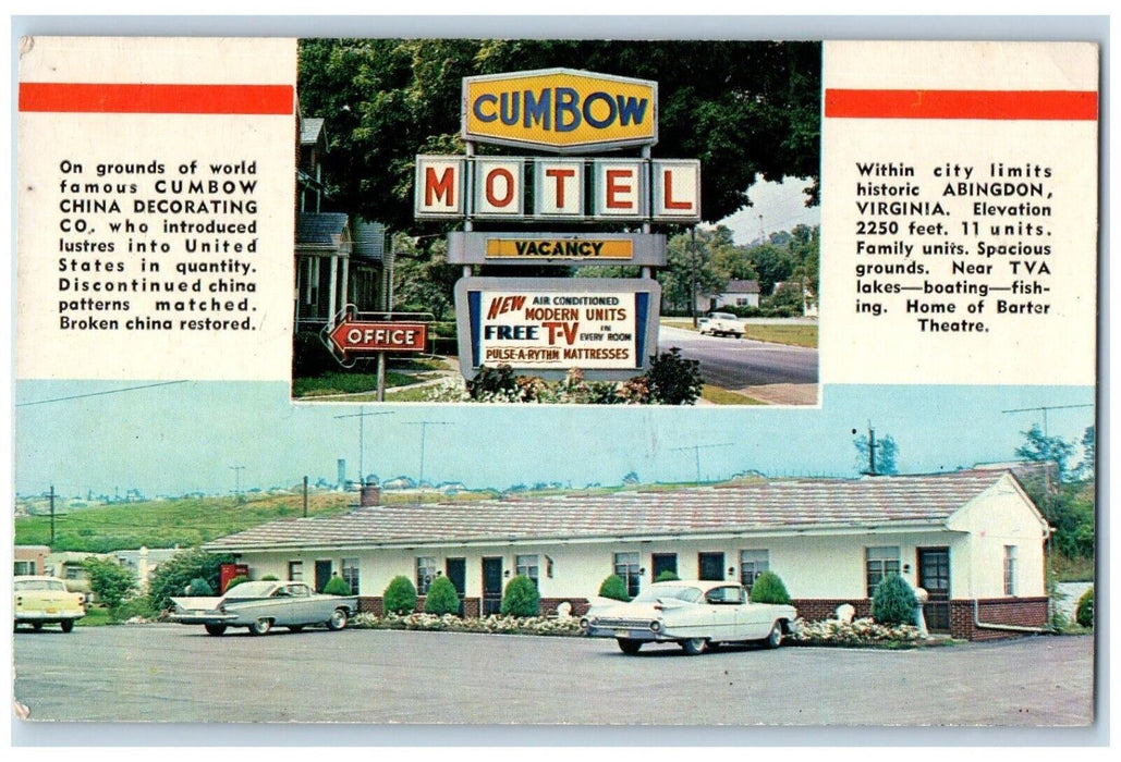 c1950's Cumbow Motel Cars Abingdon Virginia VA Dual View Vintage Postcard