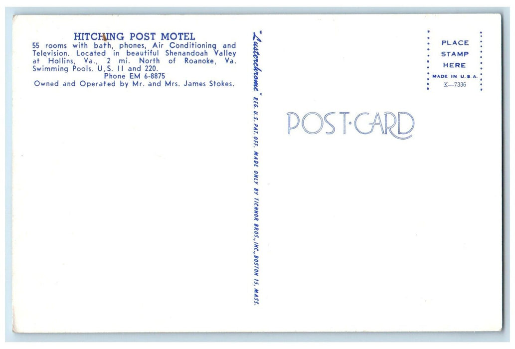 c1960's Hitching Post Motel Shenandoah Valley Roanoke Virginia VA Postcard