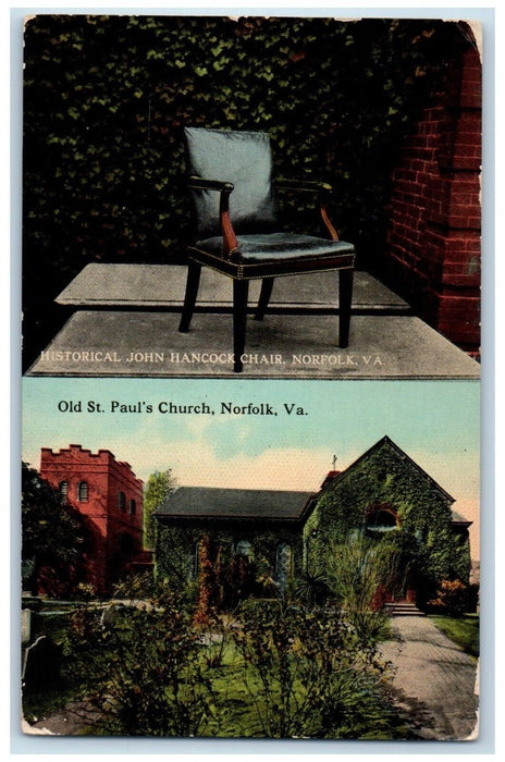 Historical John Hancock Chair Old Paul's Church Norfolk VA Dual View Postcard