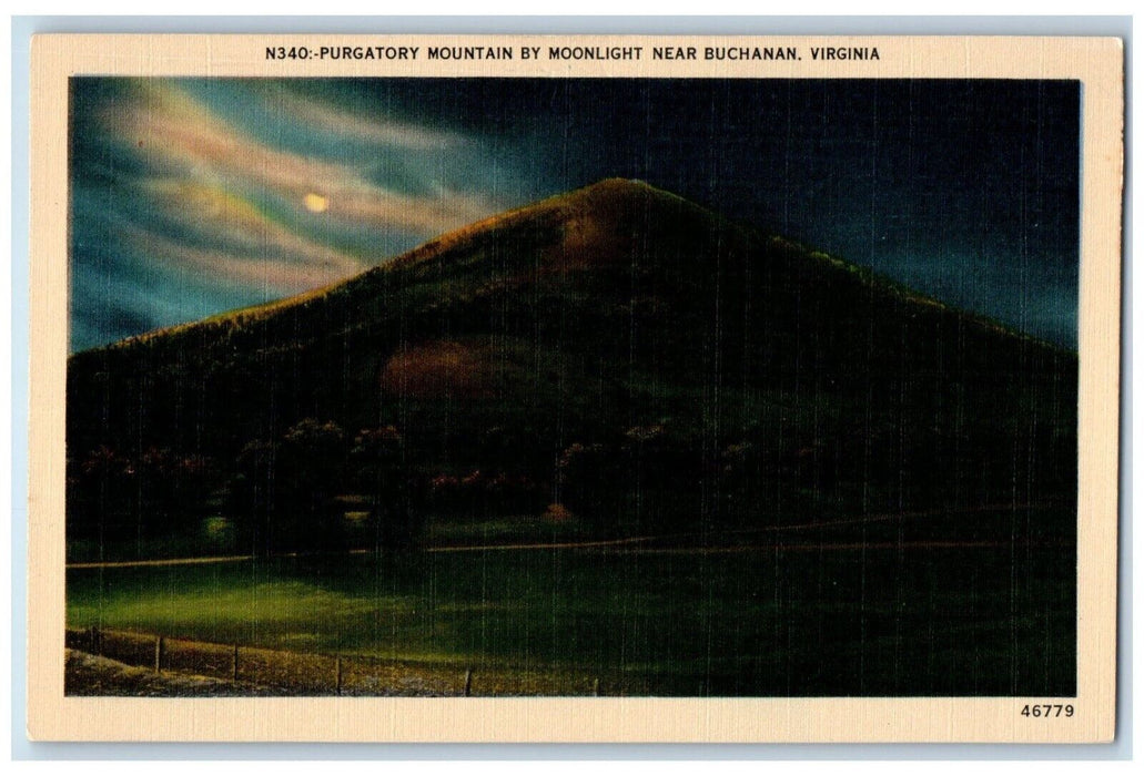 View Of Purgatory Mountain By Moonlight Near Buchanan Virginia VA Postcard