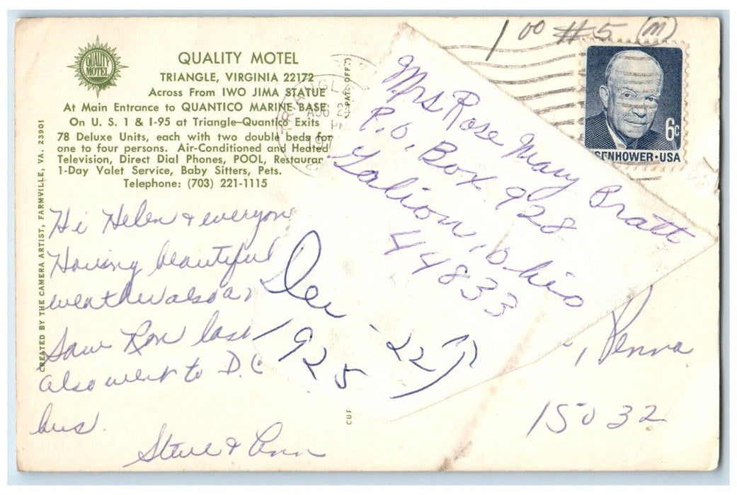 1925 Quality Motel Triangle Cars Quantico Virginia VA Posted Vintage Postcard