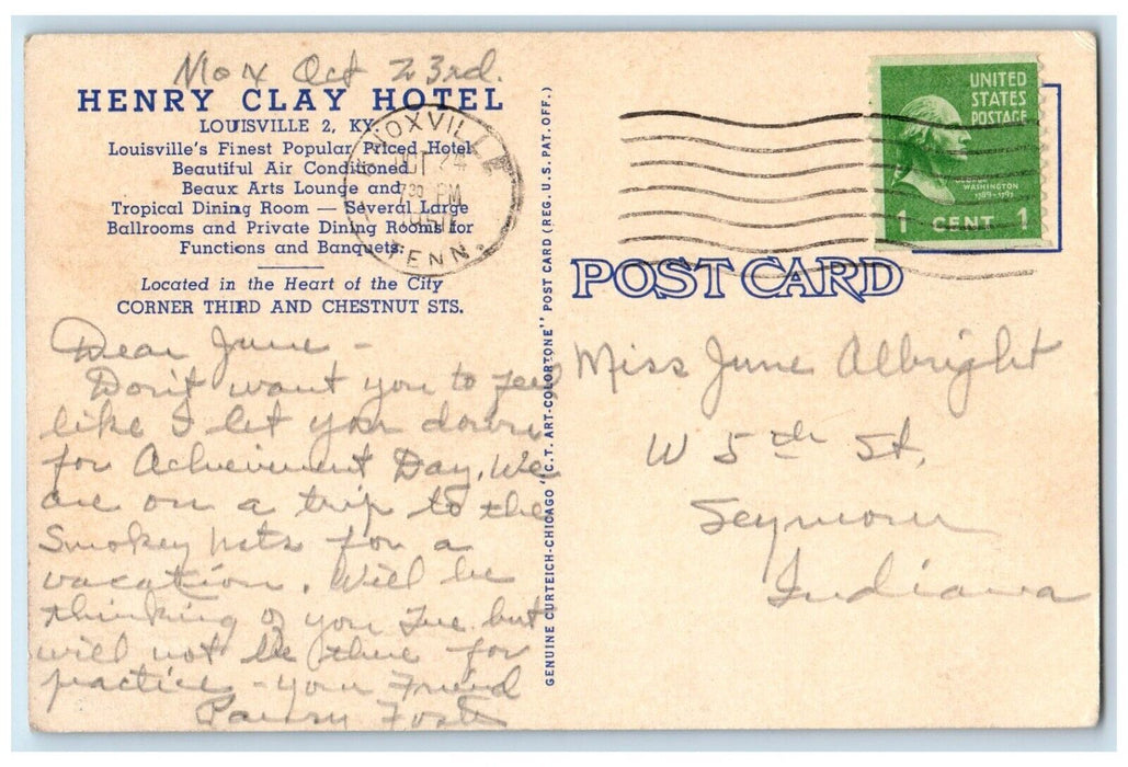 1950 Henry Clay Hotel Building Louisville Kentucky KY Antique Vintage Postcard