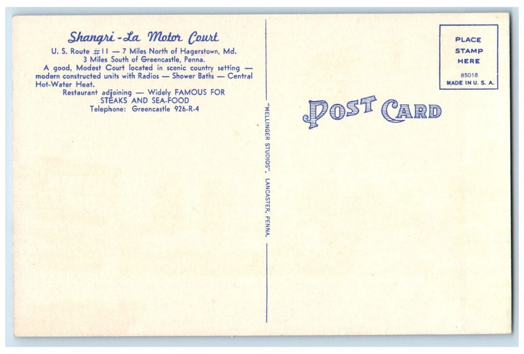 c1950's Shangri La Motor Court Restaurant Greencastle Pennsylvania PA Postcard