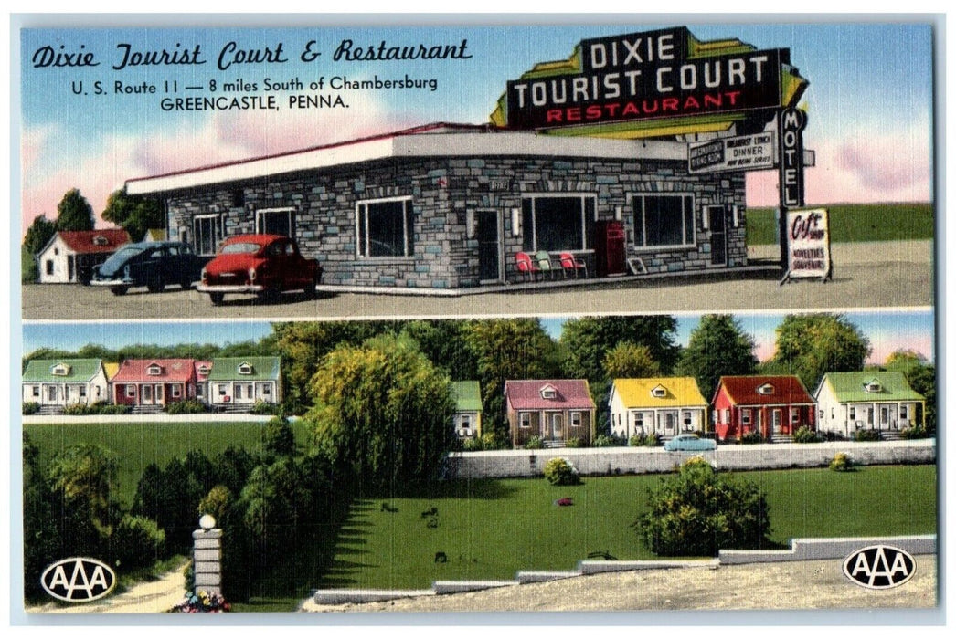 Dixie Tourist Court & Restaurant Greencastle Pennsylvania PA, Dual View Postcard