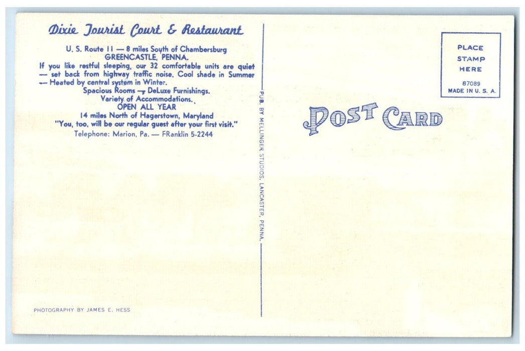 Dixie Tourist Court & Restaurant Greencastle Pennsylvania PA, Dual View Postcard