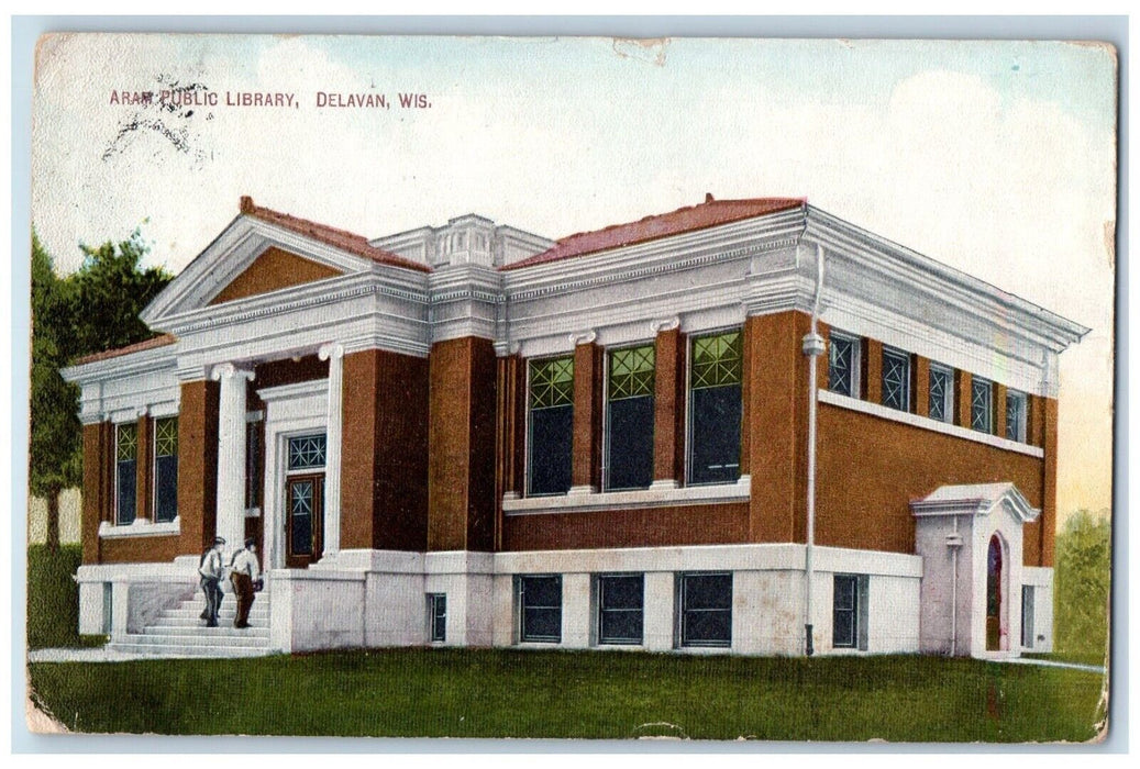 1910 Aram Public Library Building Delavan Wisconsin WI Antique Posted Postcard