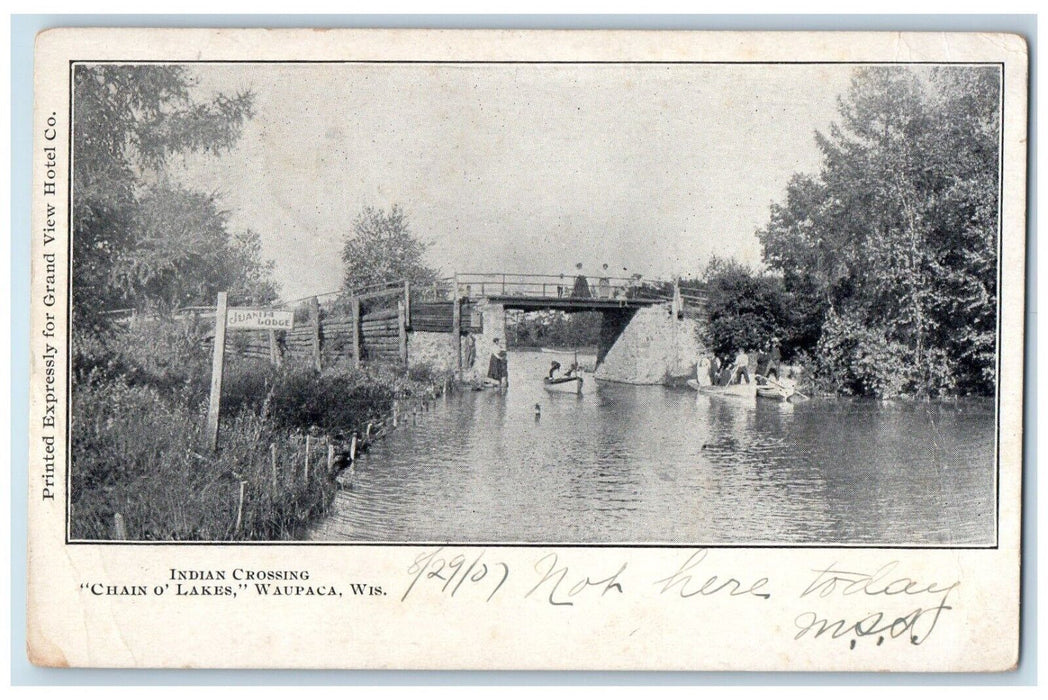 1907 Indian Crossing Chain O' Lake Bridge River Boat Waupaca Wisconsin Postcard