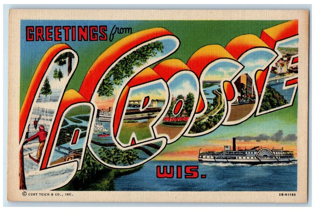 1940 Greetings From La Crosse Wisconsin WI Banner Large Letters Vintage Postcard