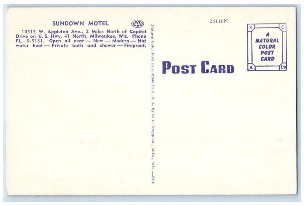 c1940 Exterior View Sundown Motel Building Milwaukee Wisconsin Antique Postcard
