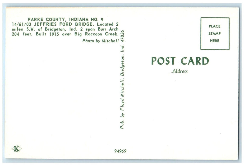 c1960 Parke County Indiana Jeffries Ford Bridge Bridgeton Indiana IN Postcard