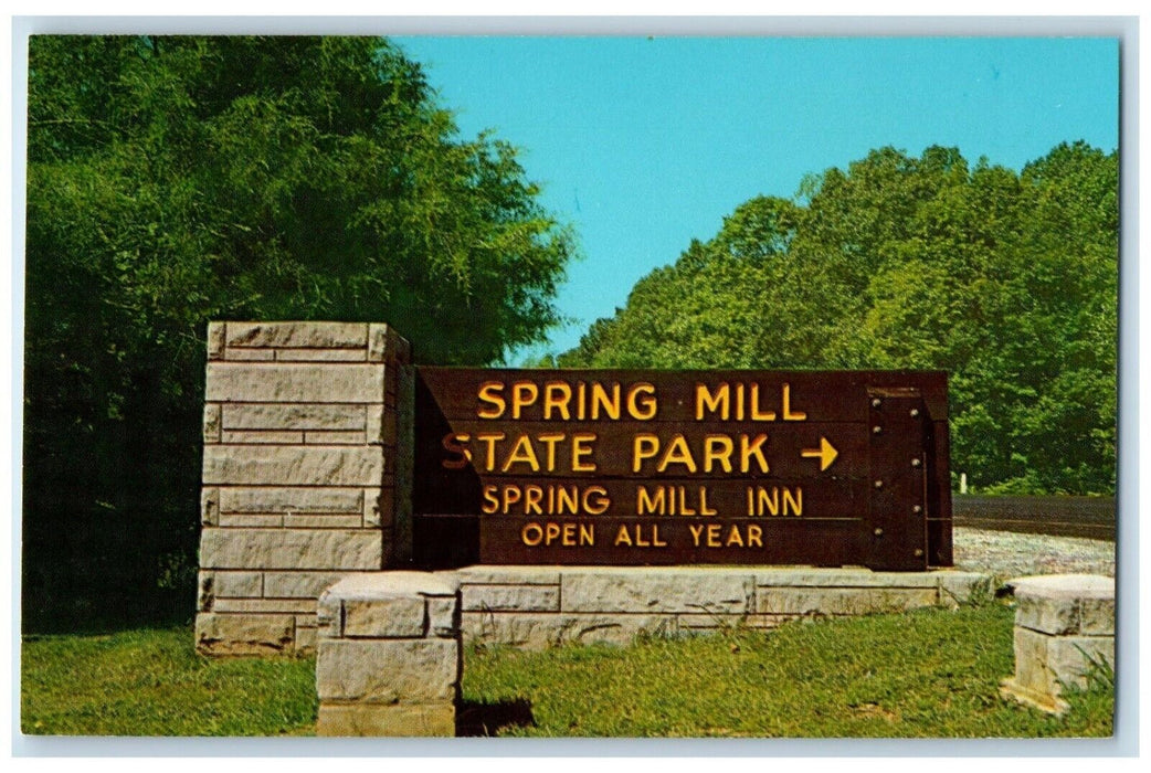 c1960 Entrance Sign Spring Mill State Park Mitchell Indiana IN Vintage Postcard