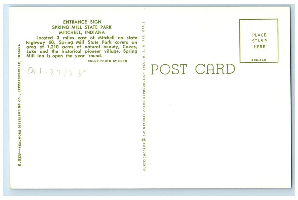 c1960 Entrance Sign Spring Mill State Park Mitchell Indiana IN Vintage Postcard